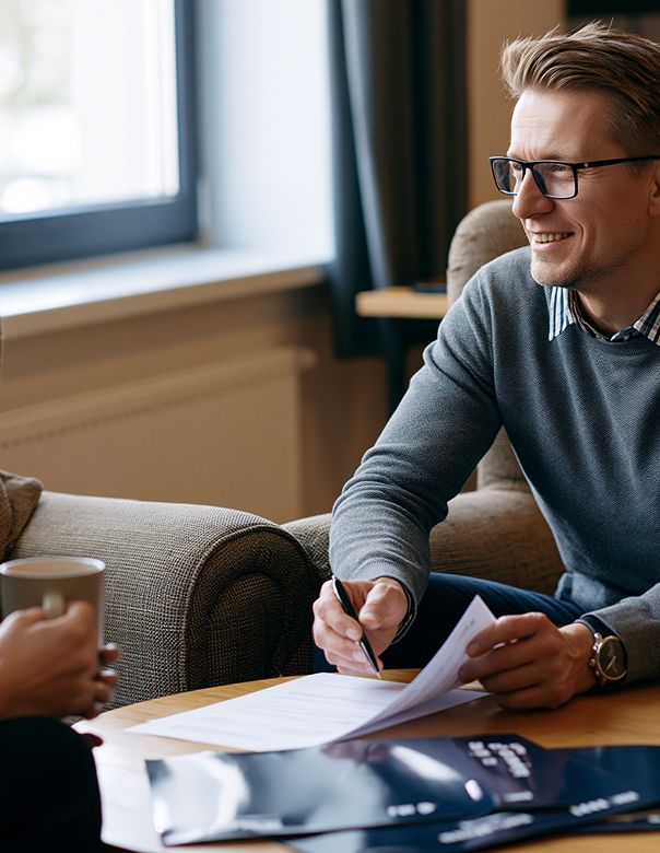 Professional conversation reviewing documents in an office.