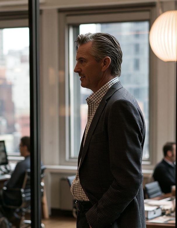 Executive leader standing in a modern office environment.
