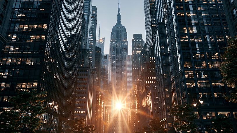 New York City skyline with sunlit avenue