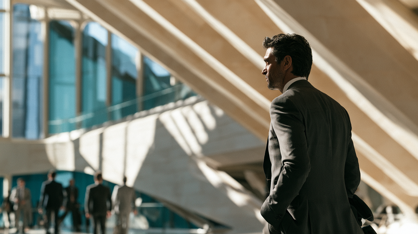 Executive walking in a modern atrium