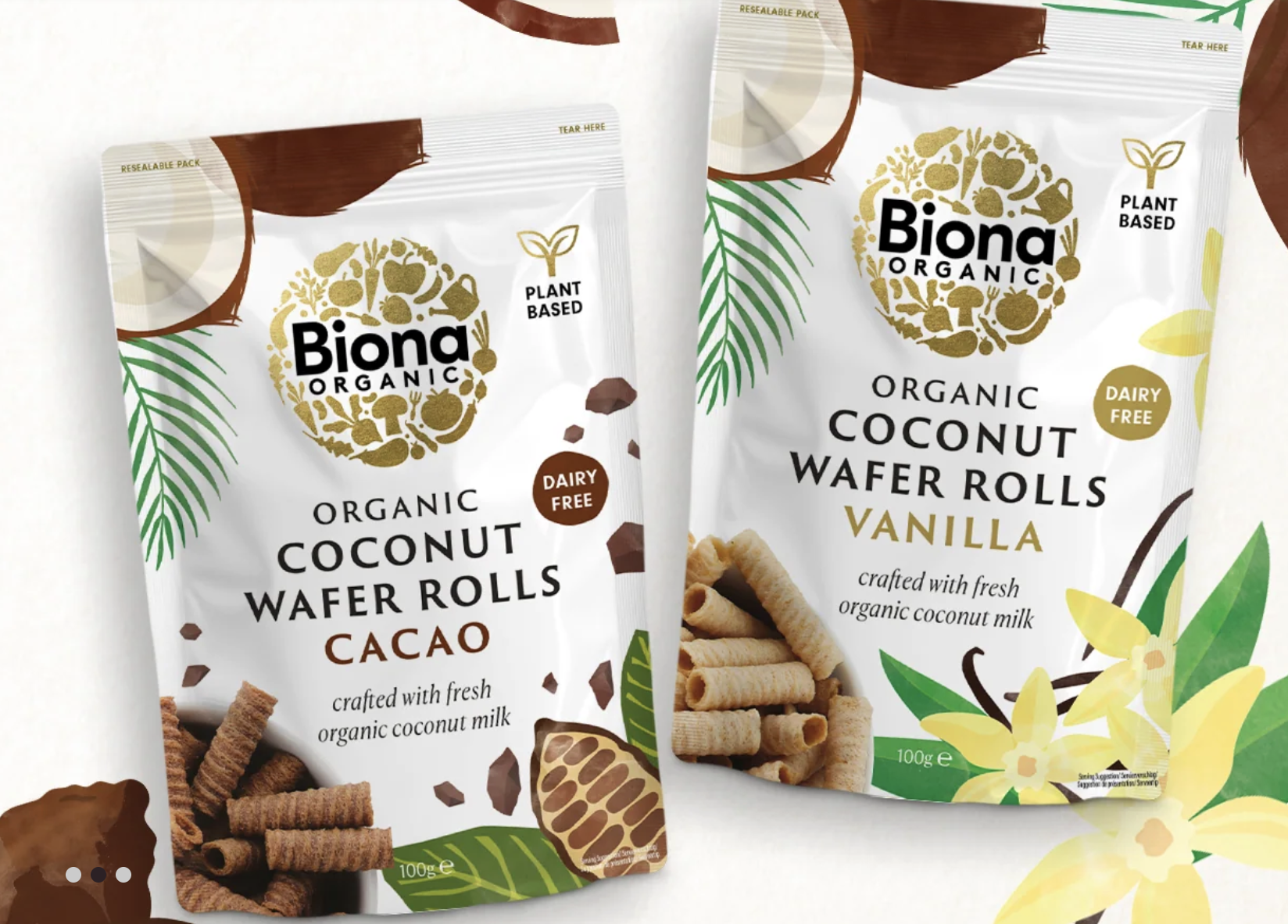 Biona Organic coconut wafer rolls packaging