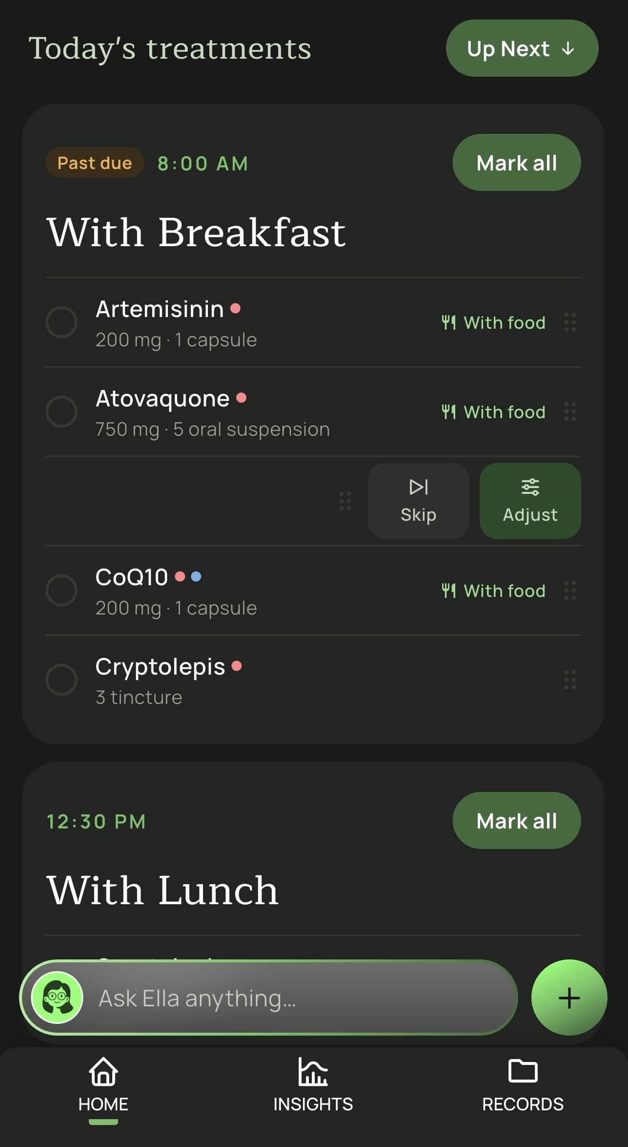 Ella app UI showing today's treatments on a mobile screen