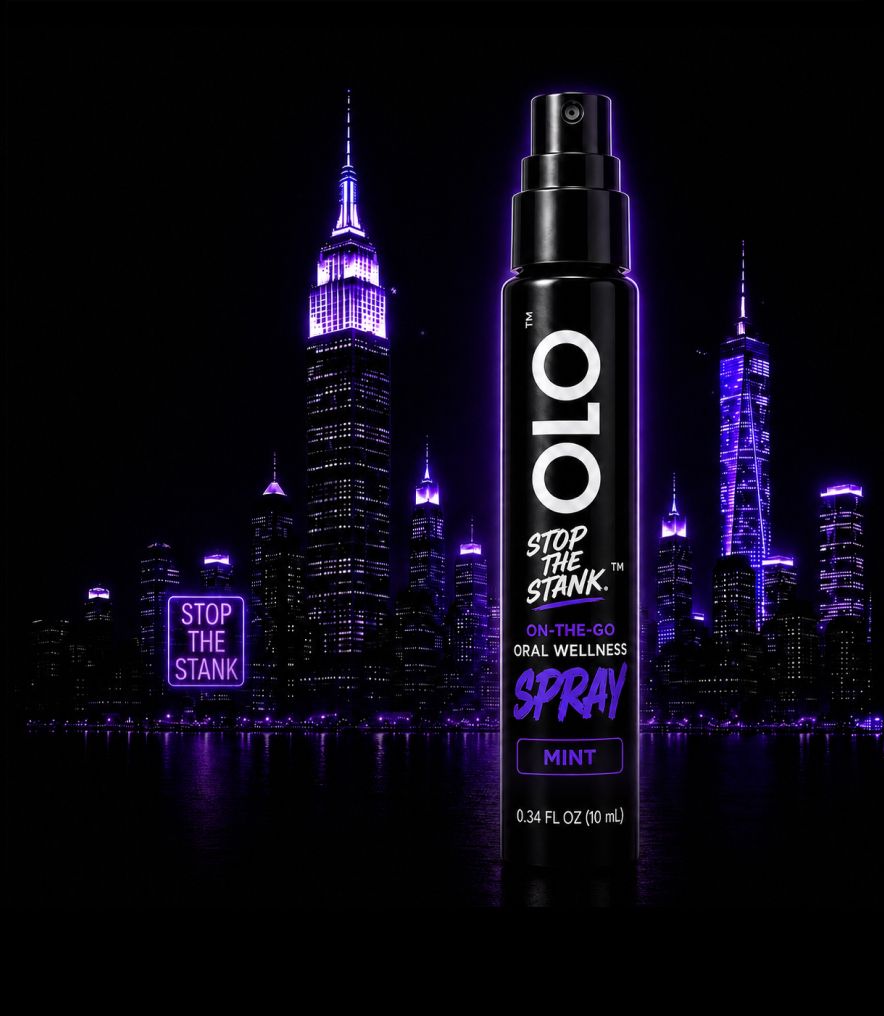 OLO breath spray product against a city skyline