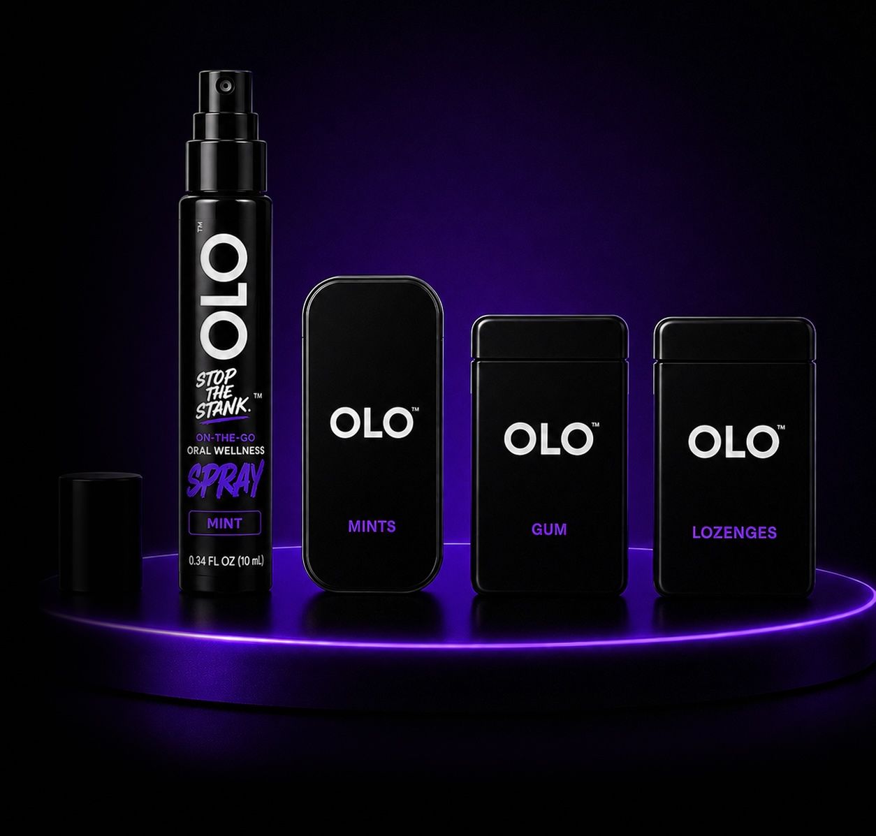 OLO™ product line displayed on a purple-lit pedestal