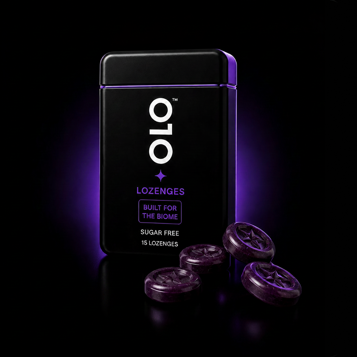 OLO™ lozenges tin with purple lozenges