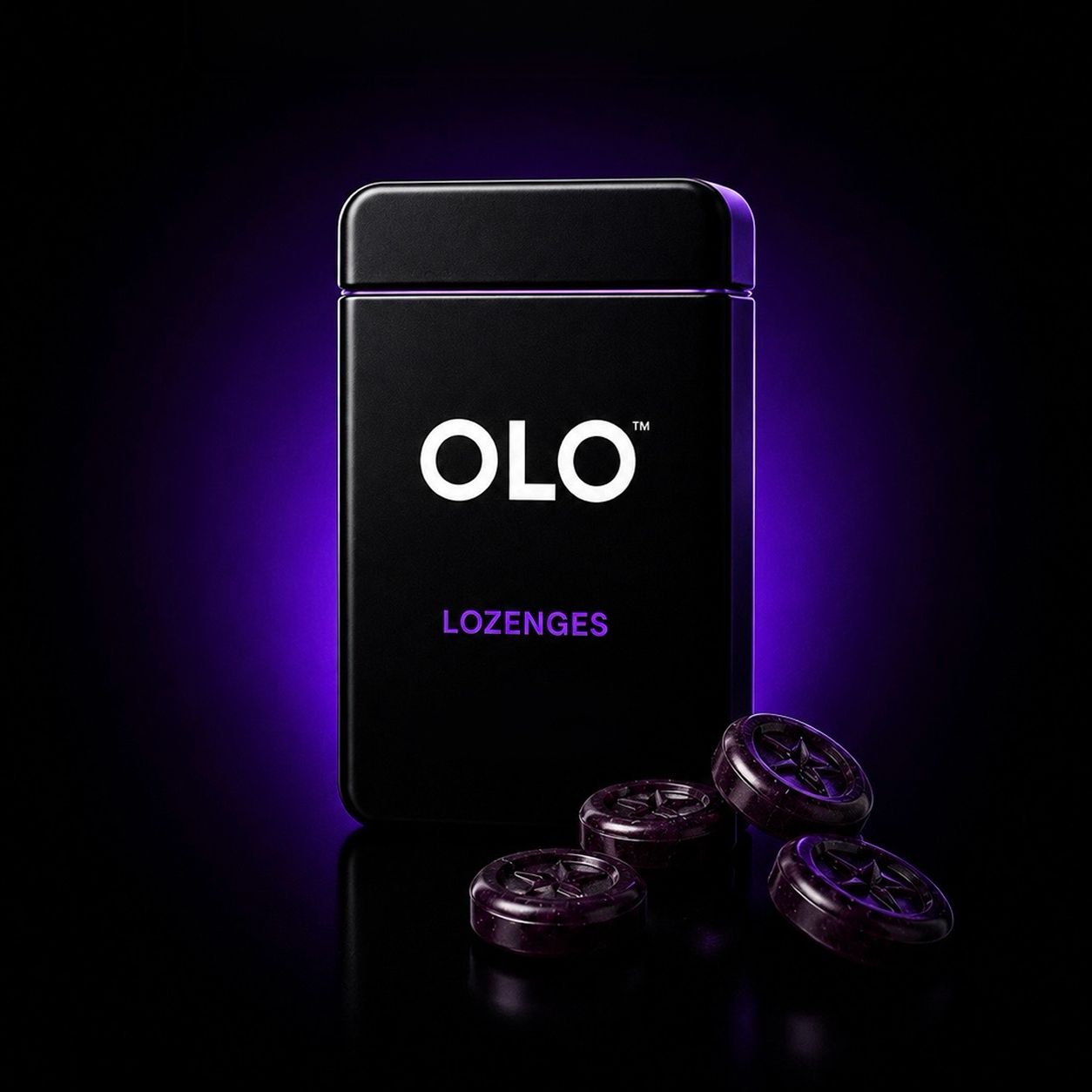 OLO™ lozenges tin with purple lozenges