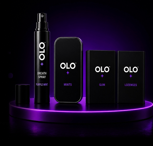 OLO™ product line displayed on a purple-lit pedestal