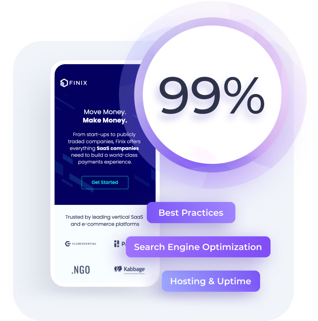 99% uptime guaranteed, best practices, SEO, finix website mockup