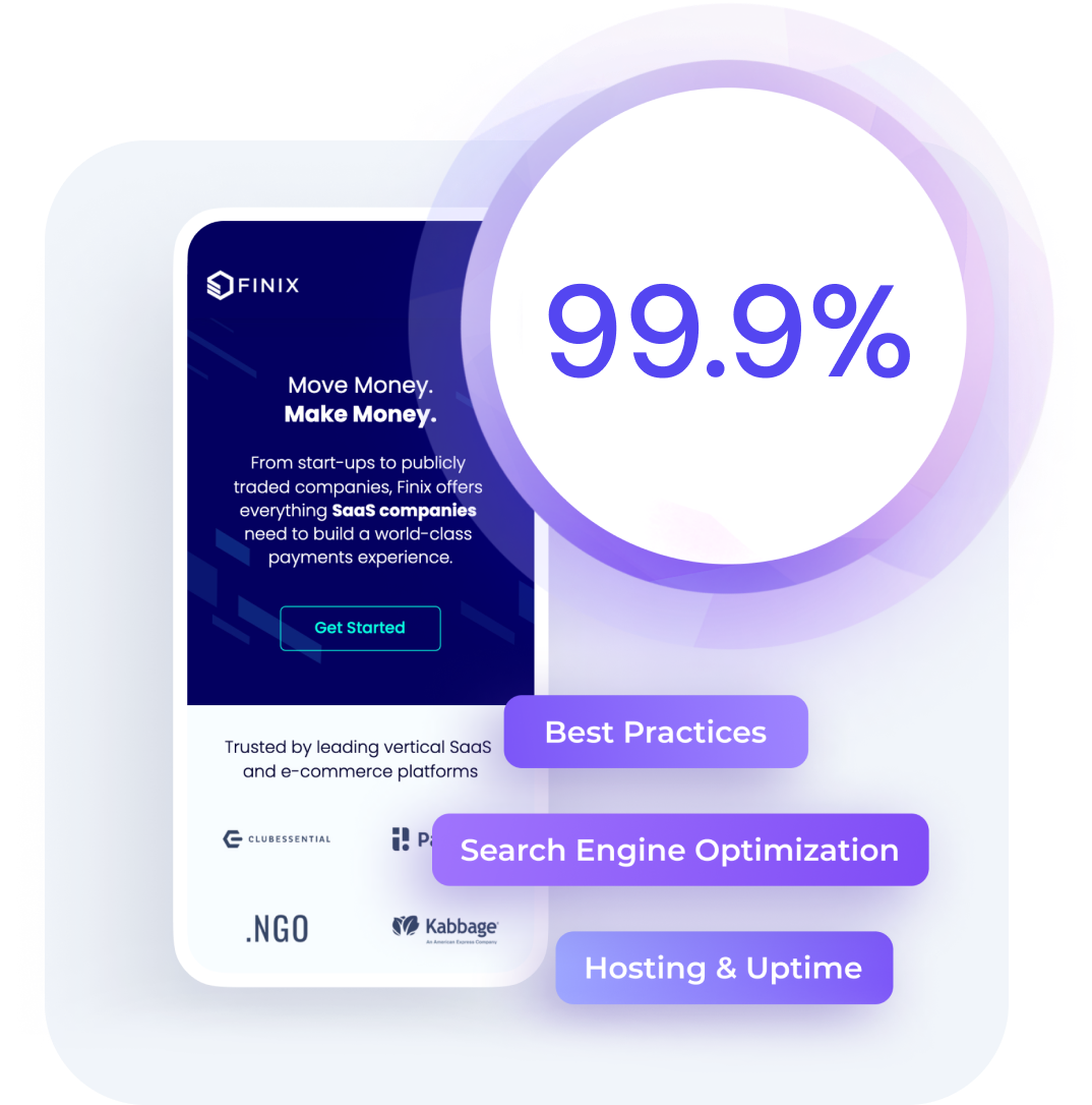 99.9% guaranteed update graphic, best practices, SEO, hosting, finix website mockup