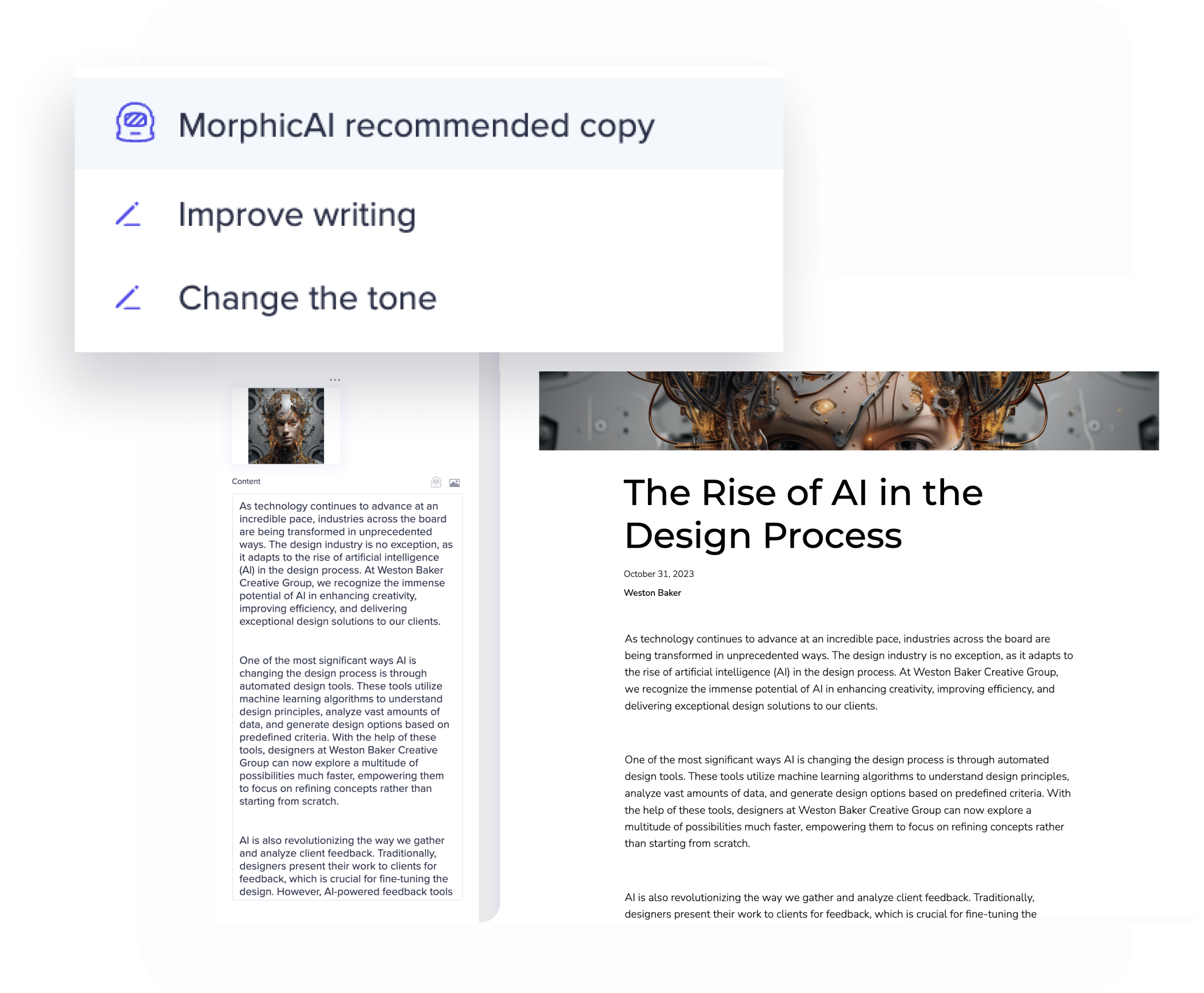 Morphic recommended copy mockup over article