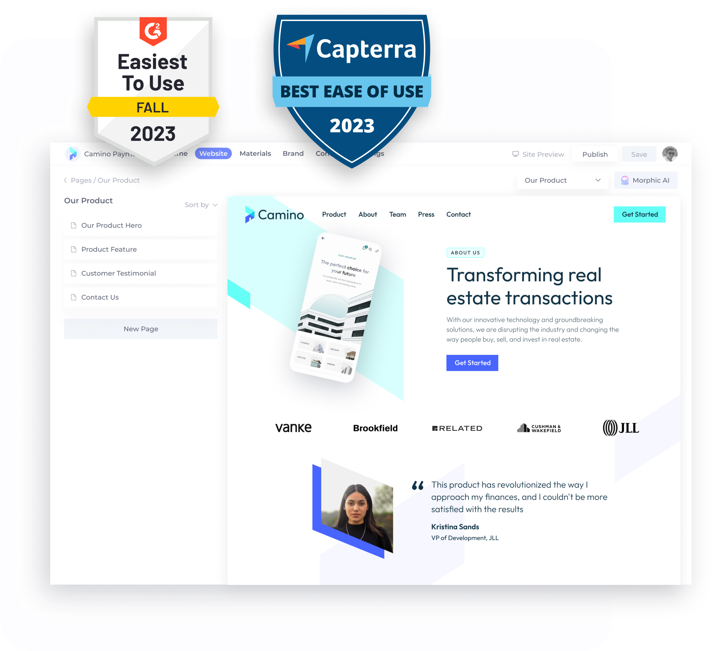 capterra and g2 badges over morphic interface