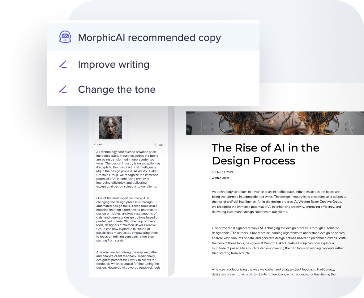 Morphic recommended copy mockup over article