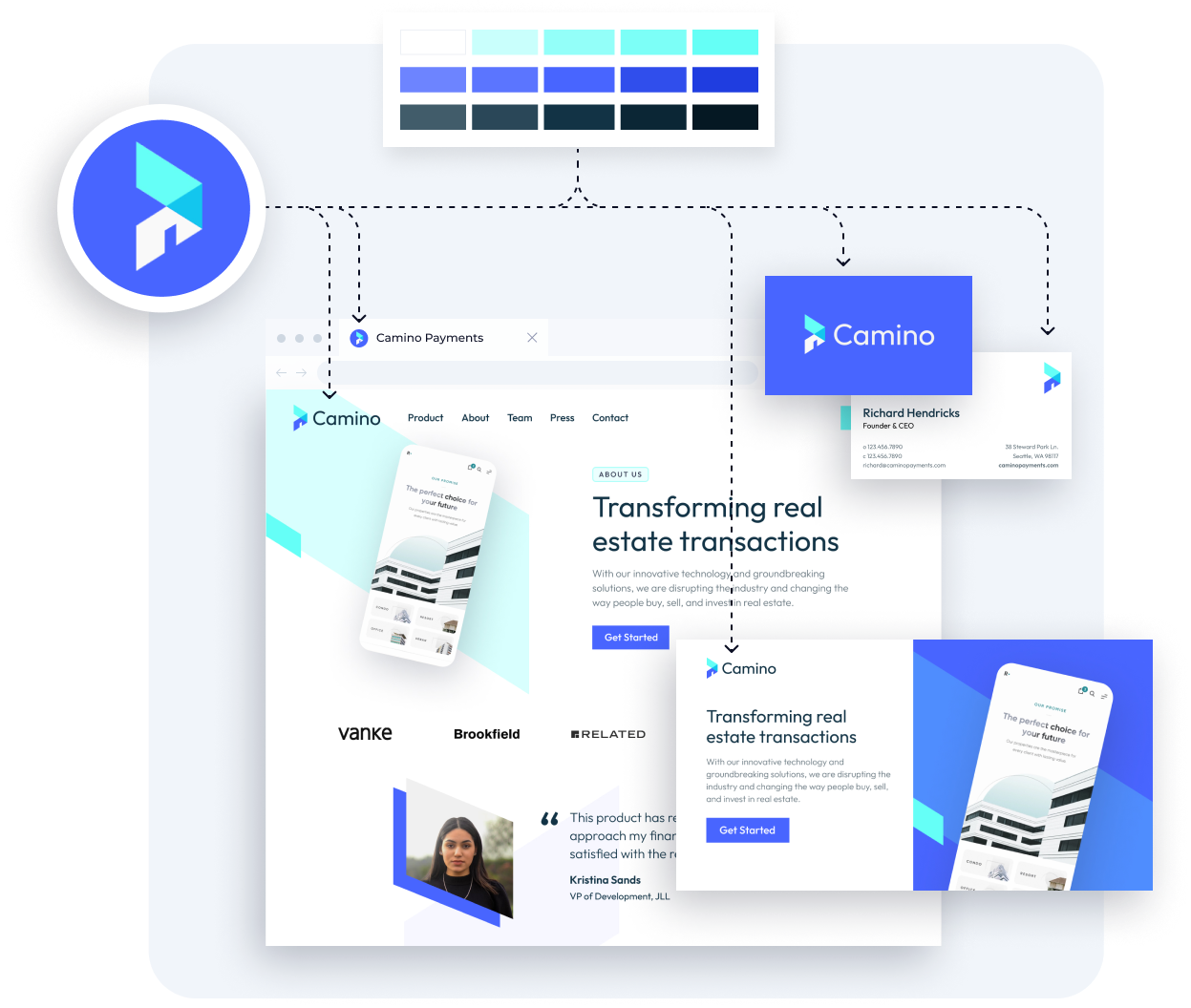 Logo, color palette connected to website, business cards and social posts showing consistent branding