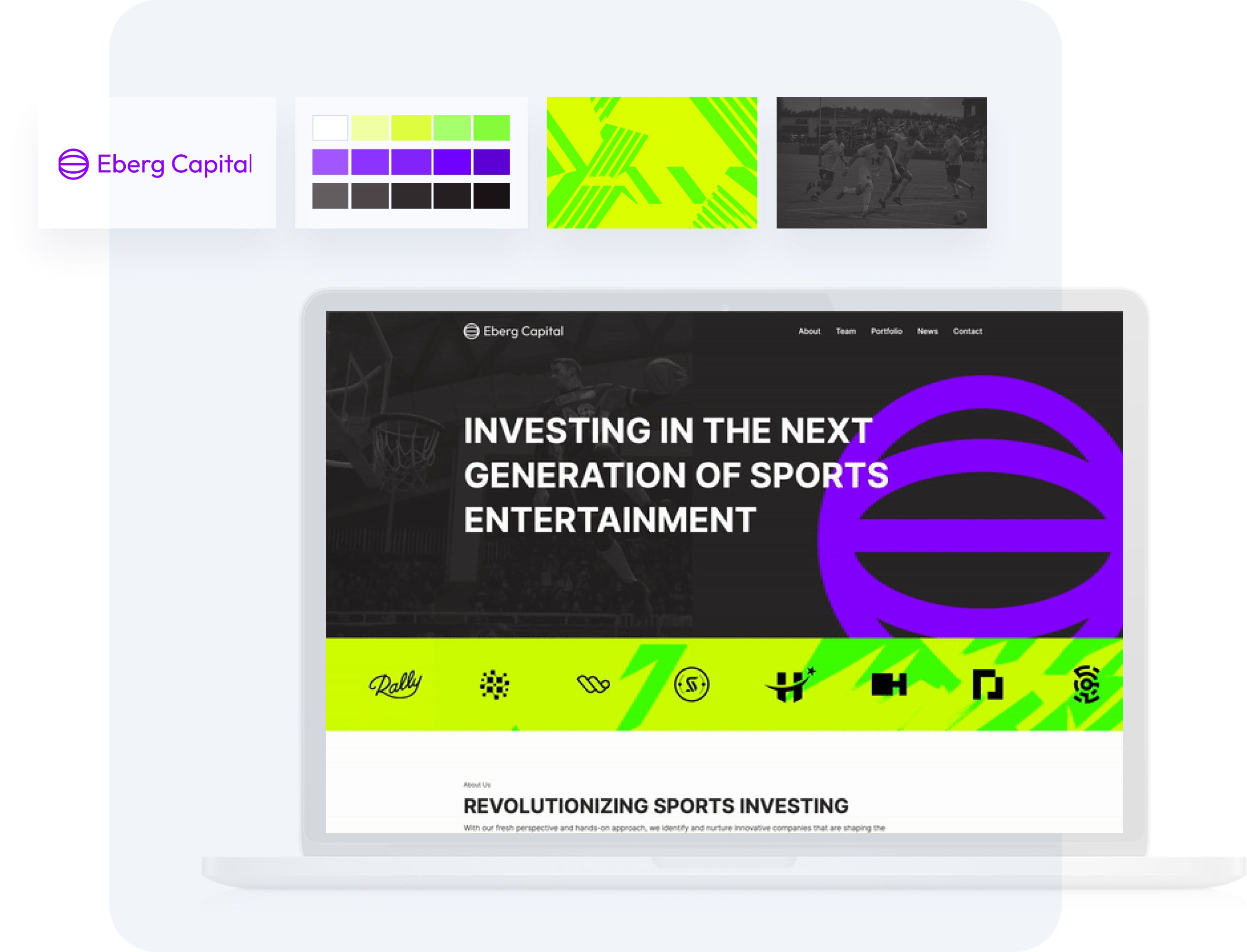 Eberg Capital website mockup with the Eberg Capital logo, color palette, graphic pattern, image visual styles