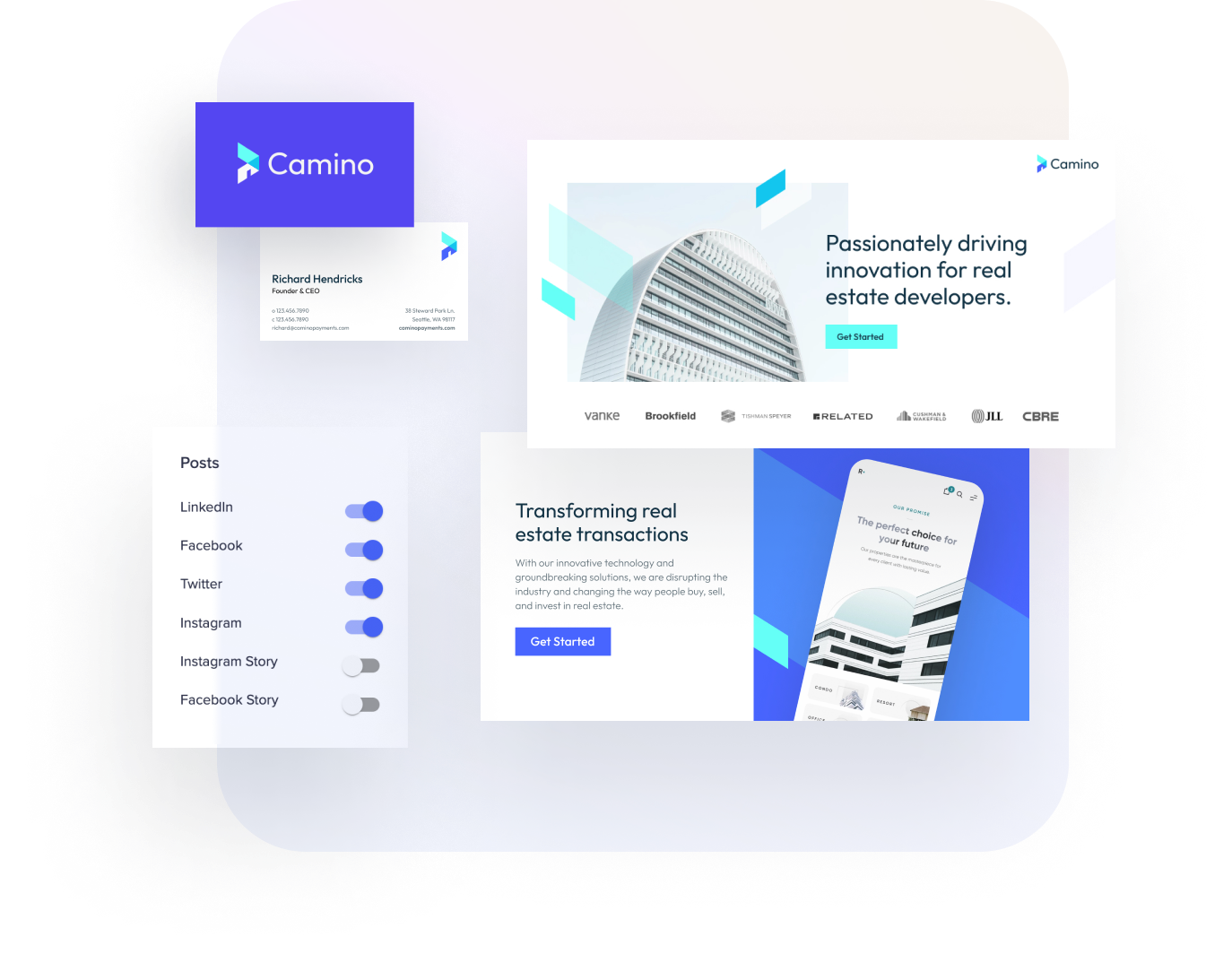 social media posts, business cards and settings