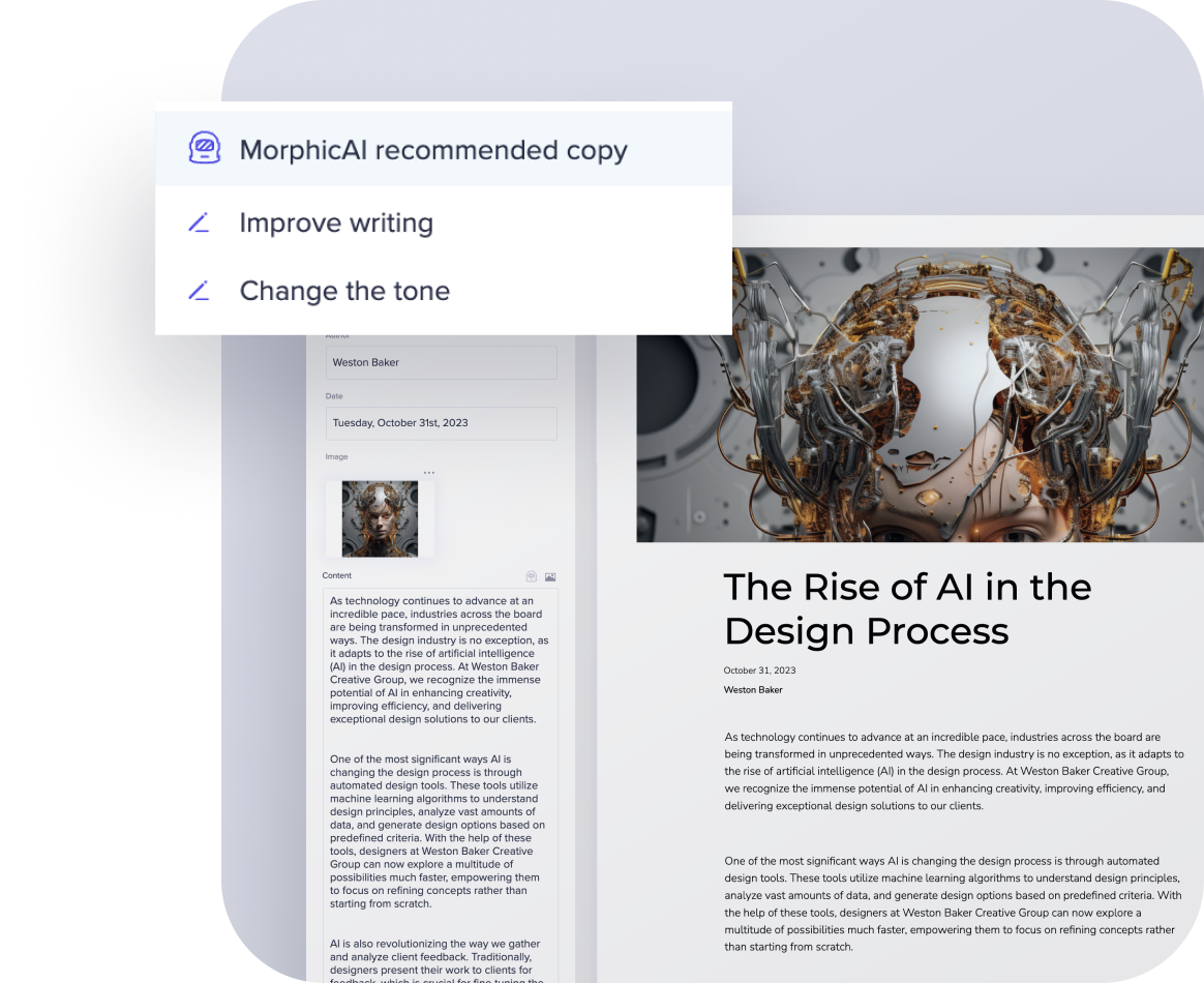 Morphic recommended copy floating over article