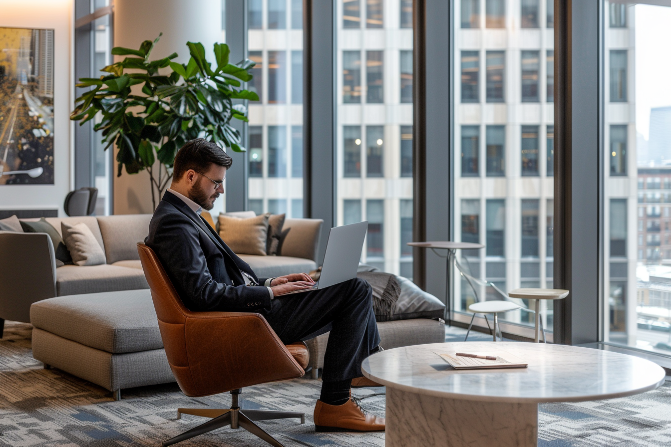 Attorney reviewing website on laptop in office lobby