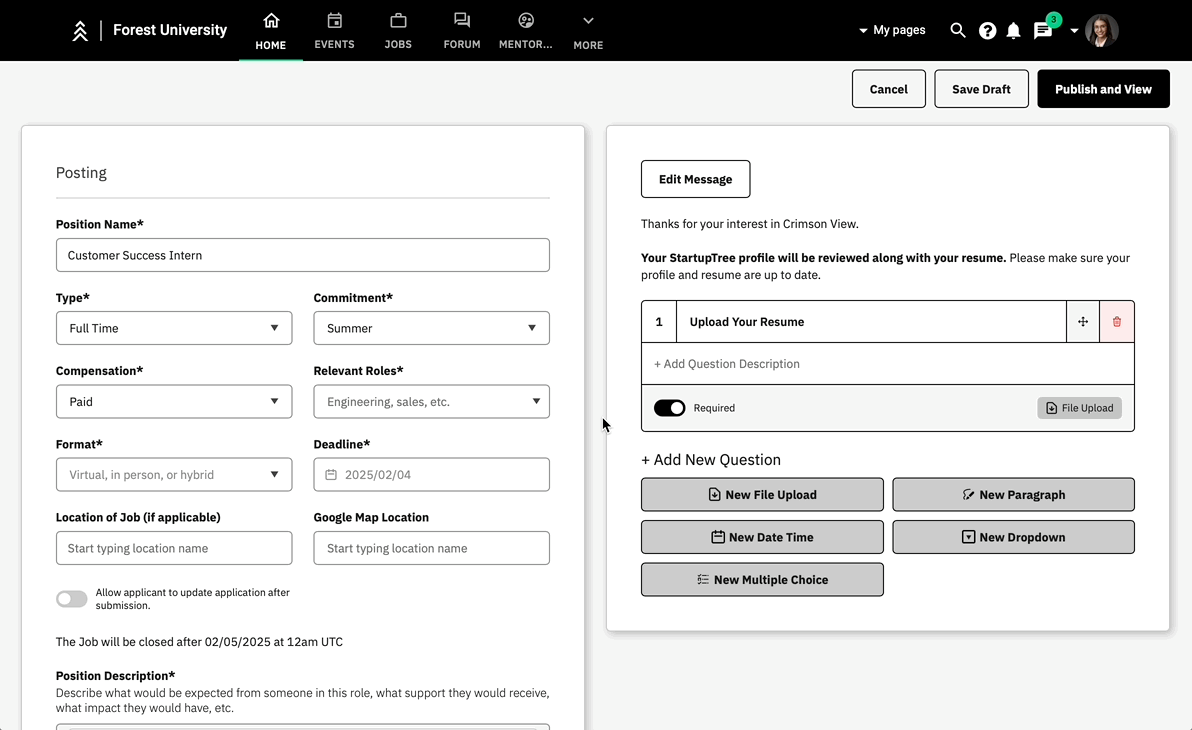User customizing a job posting on StartupTree