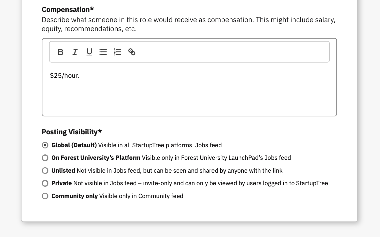 Posting visibility options within StartupTree