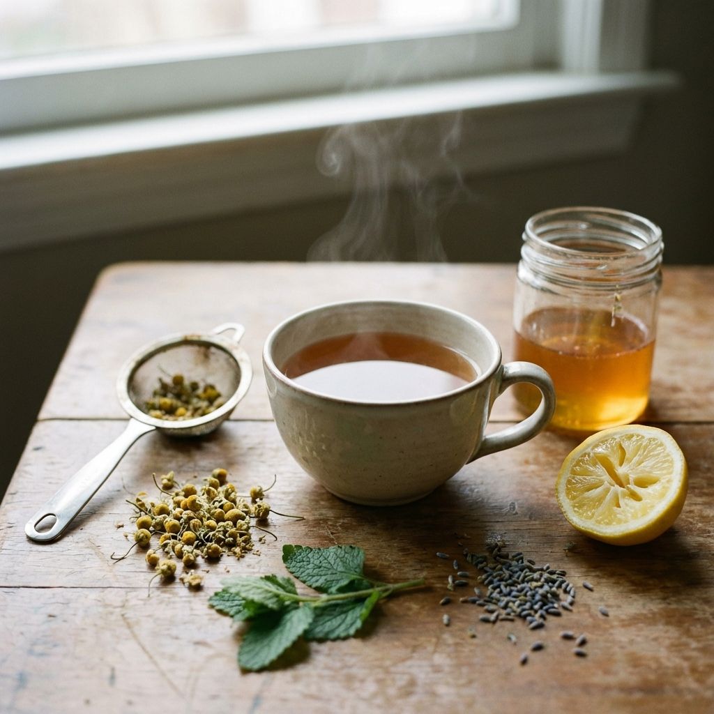 a cup of wind-down tea made from dried German chamomile, lemon balm, dried lavender buds, squeezed lemon and honey.  Show the tea without the ingredients in the cup, just the tea liquid.