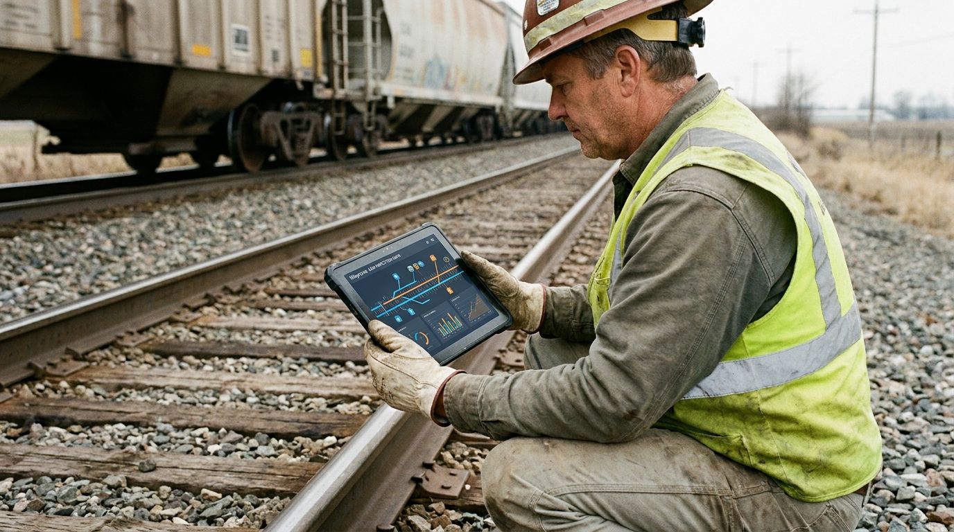 A modern railroad maintenance worker performing a digital track inspection on a tablet beside active railroad tracks. The tablet displays a digital asset inspection interface with inspection data flowing into an Enterprise Asset Management (EAM) syst...