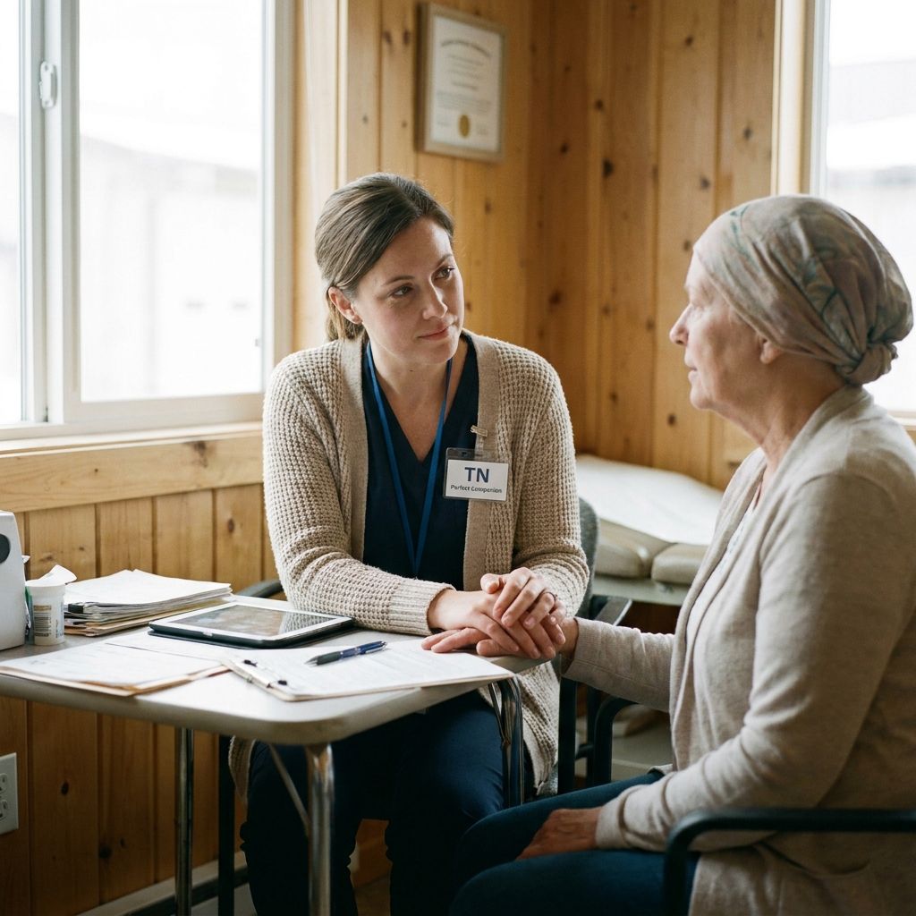 A Nurse Navigator at TN Perfect Companion providing compassionate support to a patient during a healthcare consultation.