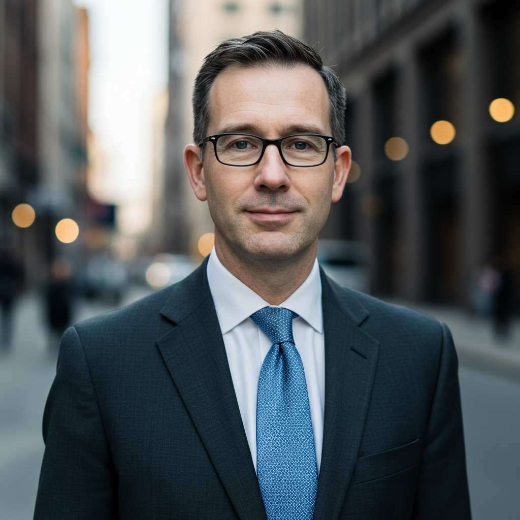 a professional headshot of a Financial Services professional with a blurred street scene background