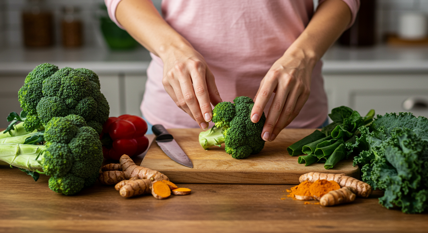 A serene and empowering image of a woman preparing vegetables (broccoli, kale, turmeric), symbolizing holistic health and well-being for breast cancer prevention.