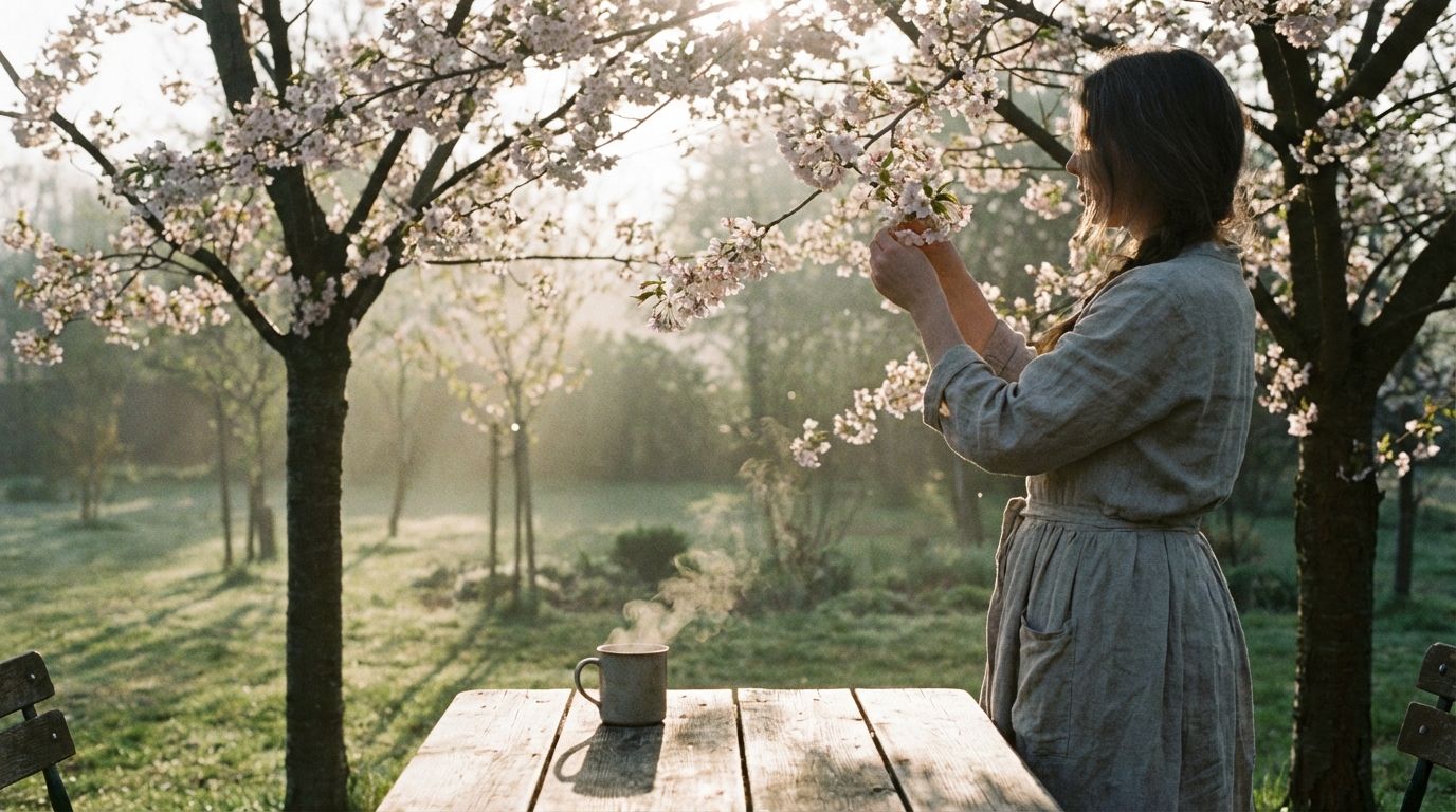 An image that portrays peace during the spring bloom. Possibly morning light, gentle movement, or a wind-down ritual at night.