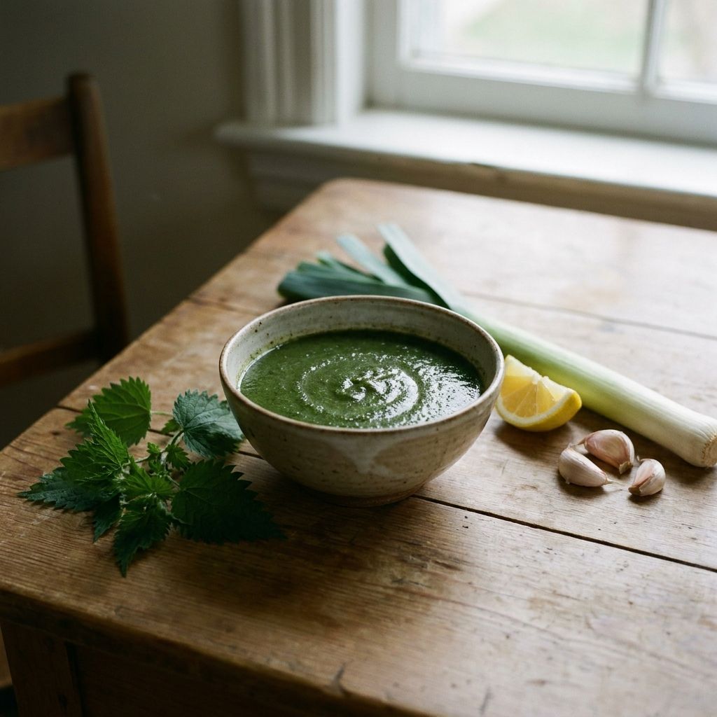Blended spring nettle soup with lemon, garlic, leeks. no bread