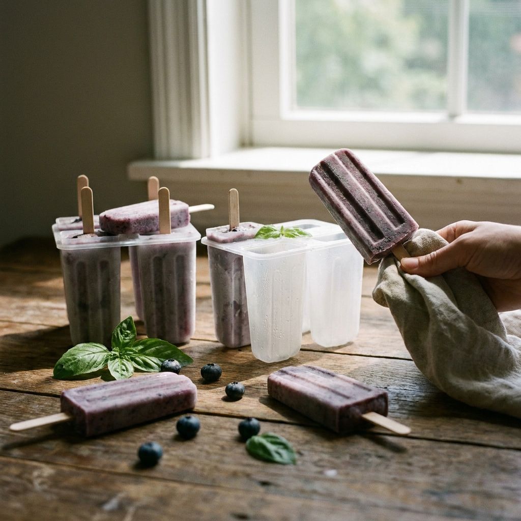 blueberry coconut basil ice pops (ingredients blended), summer