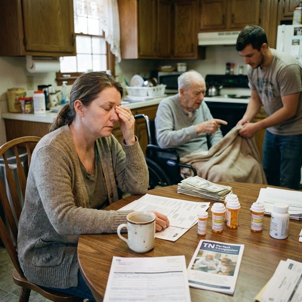 Capture a candid moment of an overwhelmed family member navigating the complexities of caring for their loved one, showcasing the challenges TN Perfect Companion aims to alleviate.