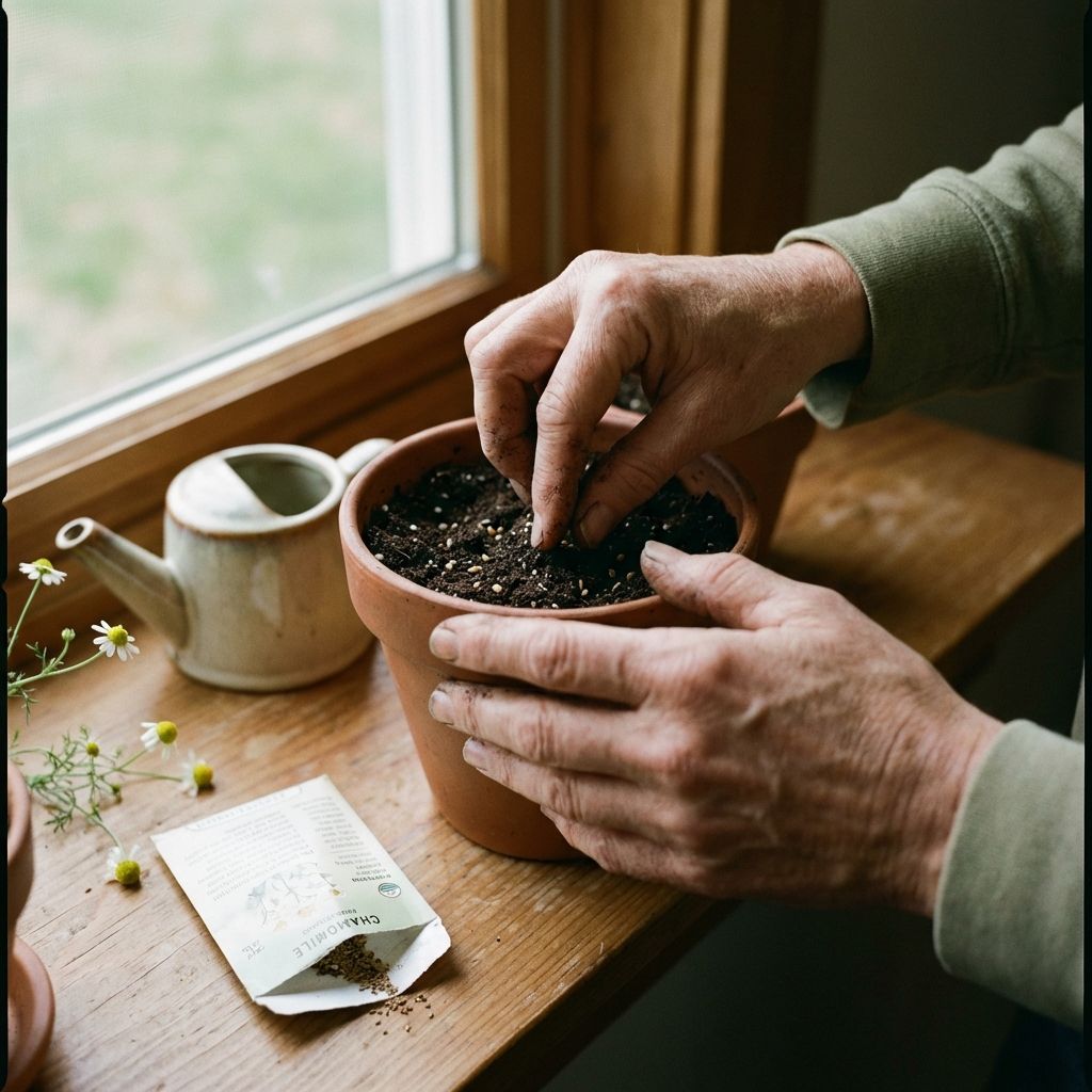 Capture a close-up shot of hands delicately planting chamomile seeds in soil, showcasing the process of starting chamomile from seed indoors.