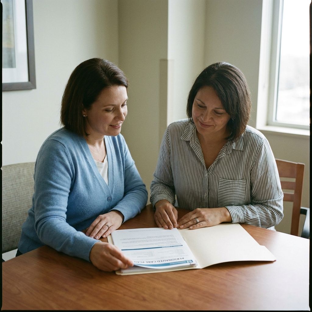 Capture a compassionate nurse navigator sitting with a patient, reviewing personalized care plans in a serene hospital consultation room.