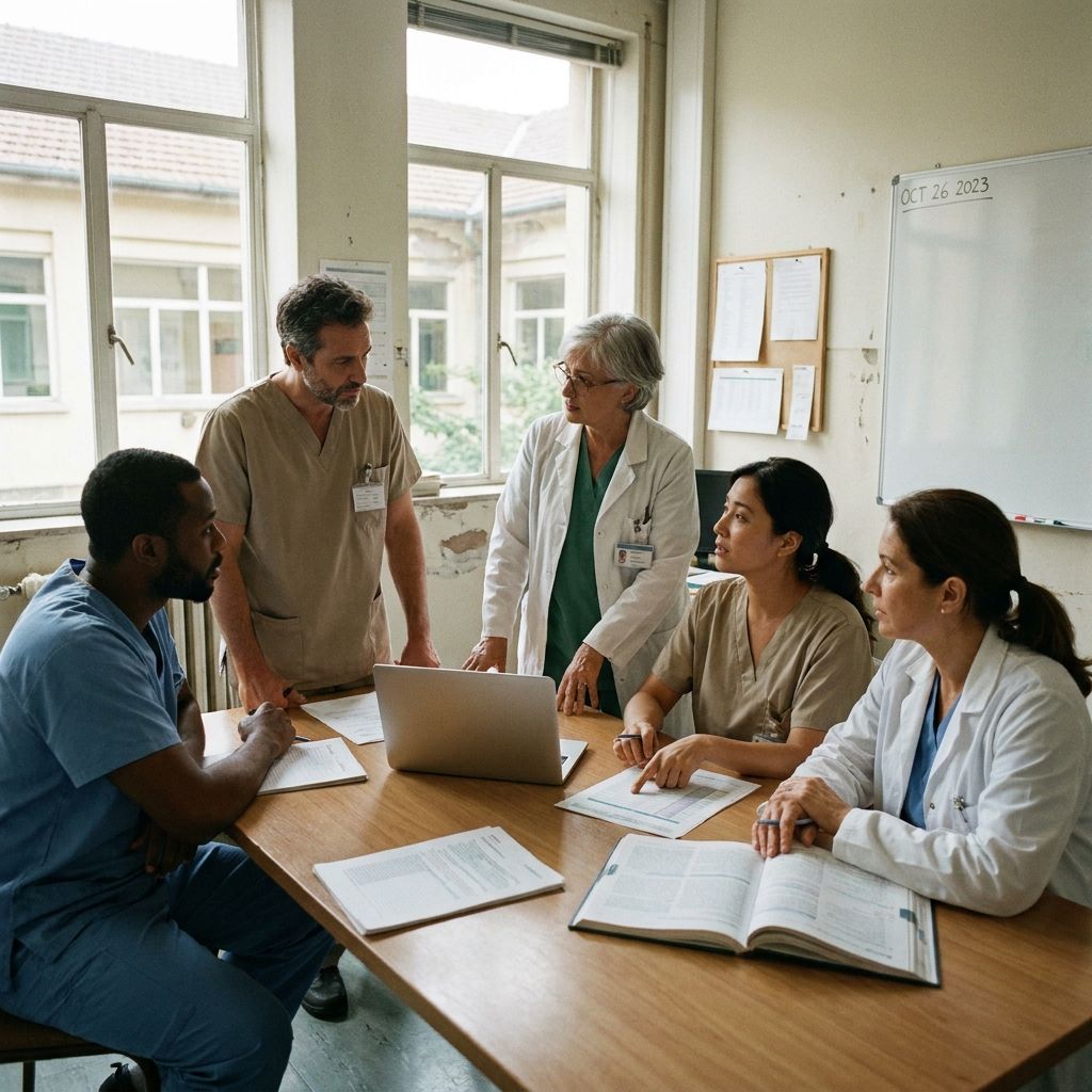 Capture a group of healthcare professionals engaged in focused discussion, showcasing collaboration and knowledge-sharing within the industry.