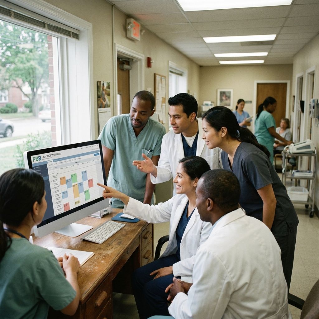 Capture a group of healthcare professionals utilizing the PBR Practice Manager software in a busy clinic setting, showcasing its seamless integration and efficiency.