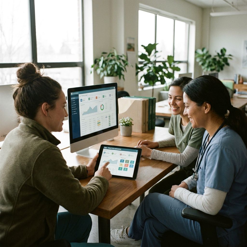Capture a group of healthcare professionals utilizing PBR - Practice Manager software in a modern office setting, showcasing its seamless integration and ease of use.