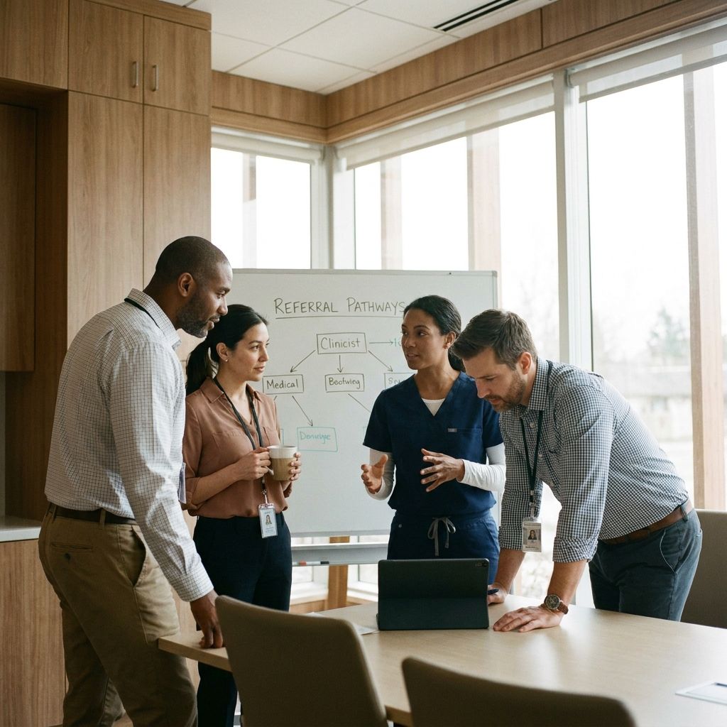 Capture a group of healthcare professionals discussing referral benefits in a modern, well-equipped office setting.