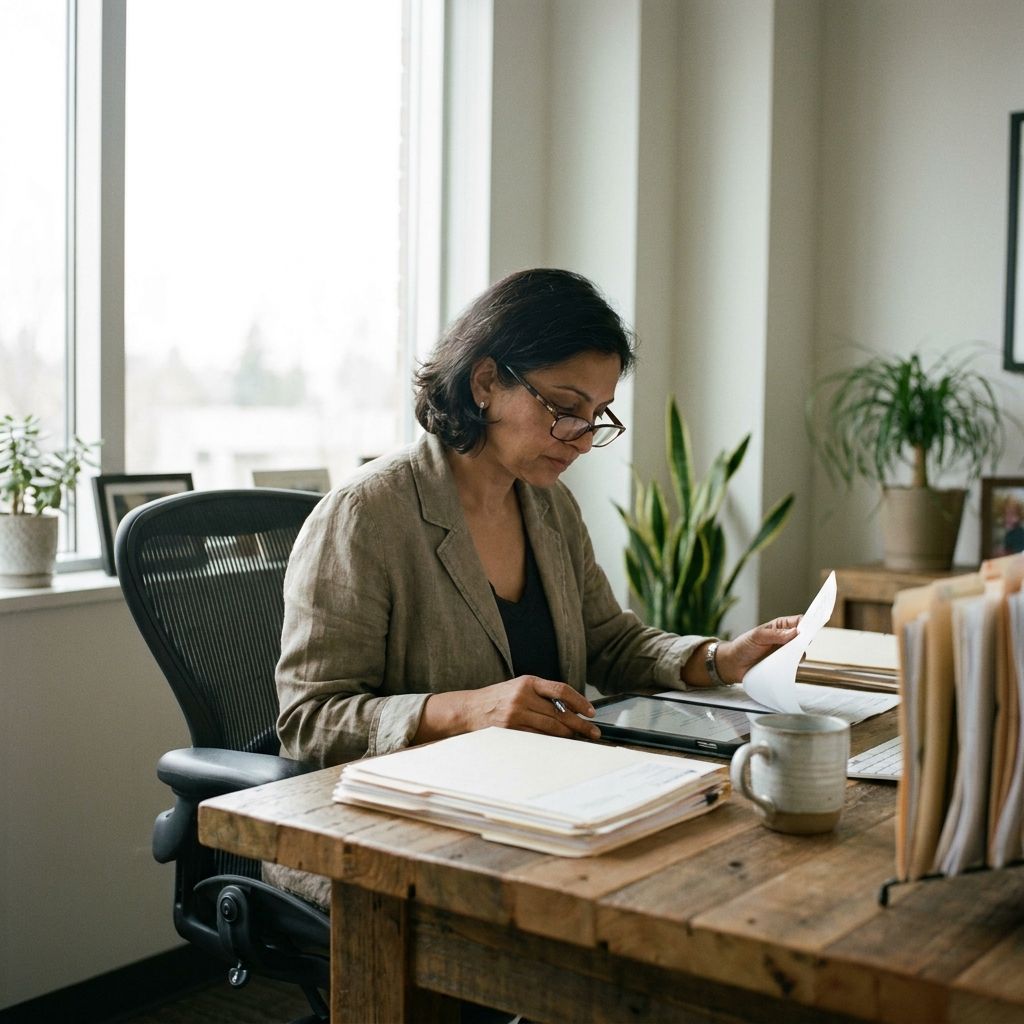 Capture a healthcare professional reviewing referral documentation in a modern office setting, emphasizing efficiency and attention to detail.