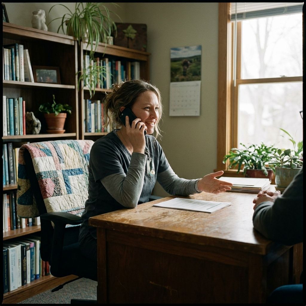 Capture a nurse navigator sitting at a desk, calmly and attentively answering patient questions in a warm and welcoming healthcare setting.