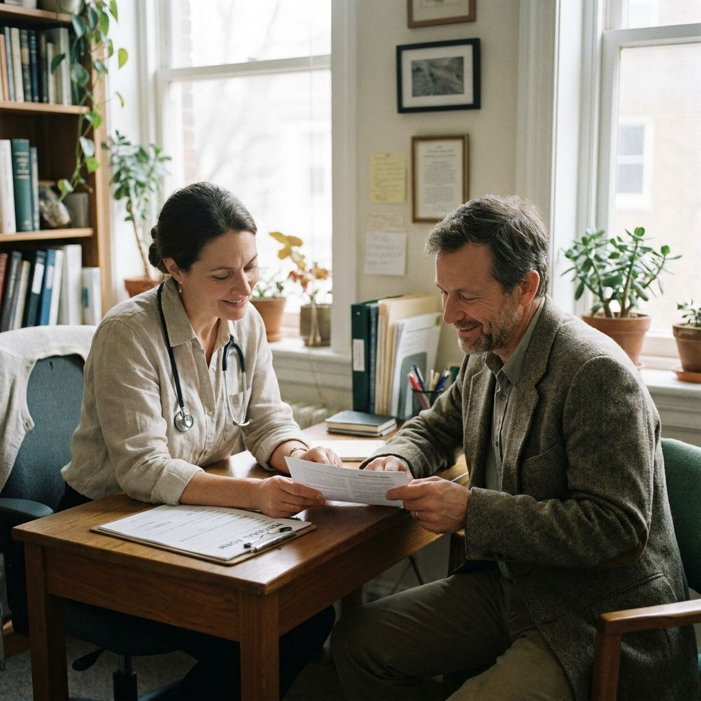 Capture a professional healthcare provider discussing a referral process with a patient in an office setting, emphasizing clear communication and collaboration.