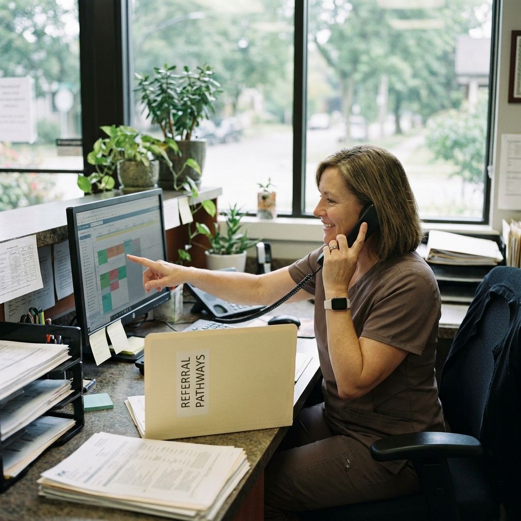 Capture a Referral Coordinator in action, facilitating seamless communication between healthcare providers and patients to optimize care pathways.