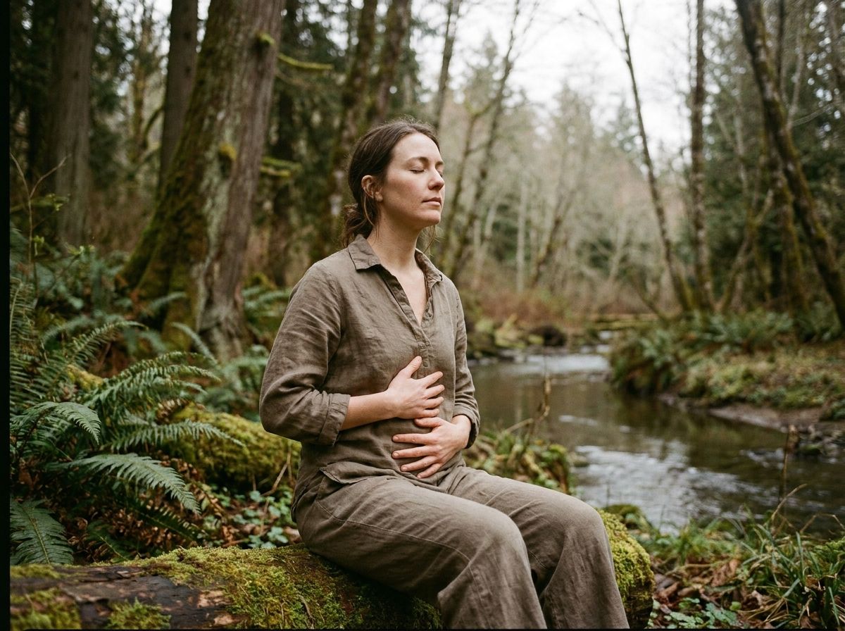 Capture a serene moment in a peaceful natural setting, showcasing an individual engaging in mindfulness or meditation to manage anxiety and improve focus and they're holding their stomach