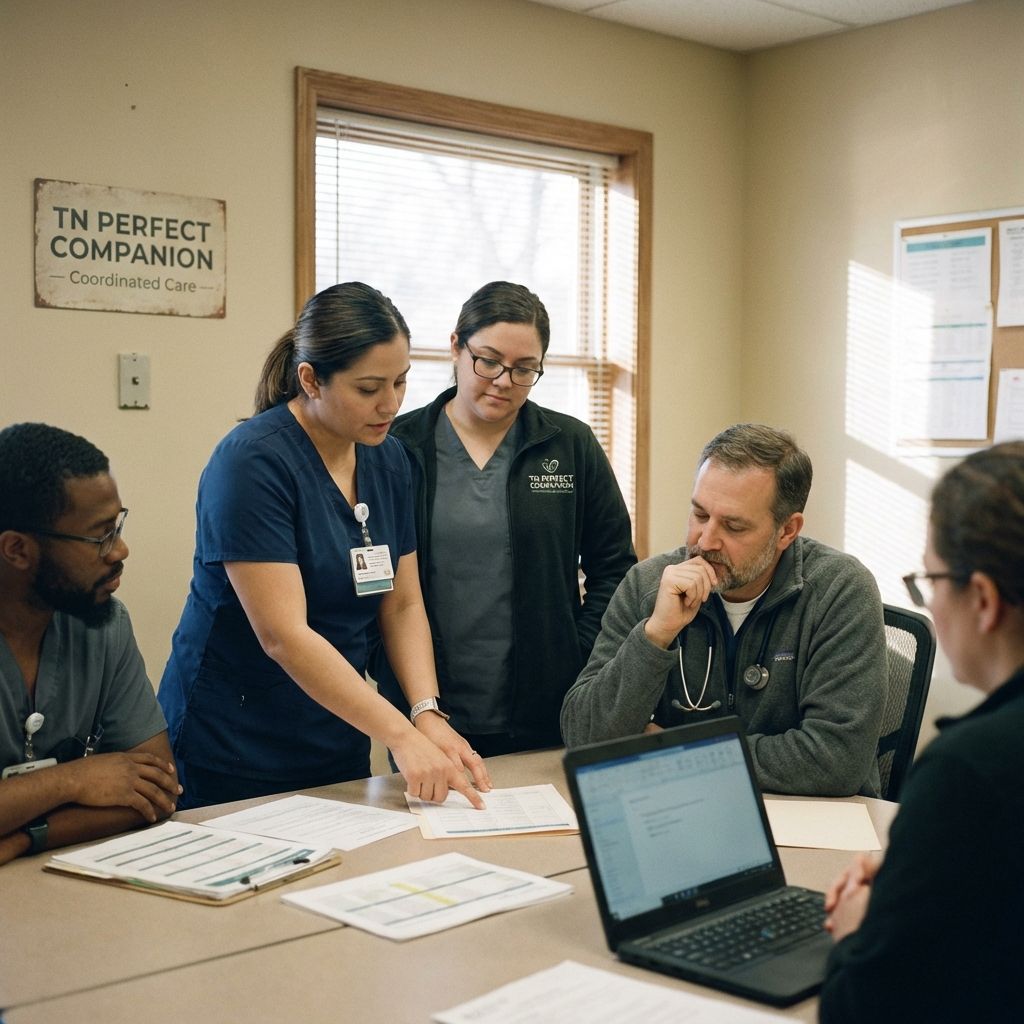 Capture a team of healthcare professionals working together in a calm and focused manner, showcasing the importance of coordinated care at TN Perfect Companion.