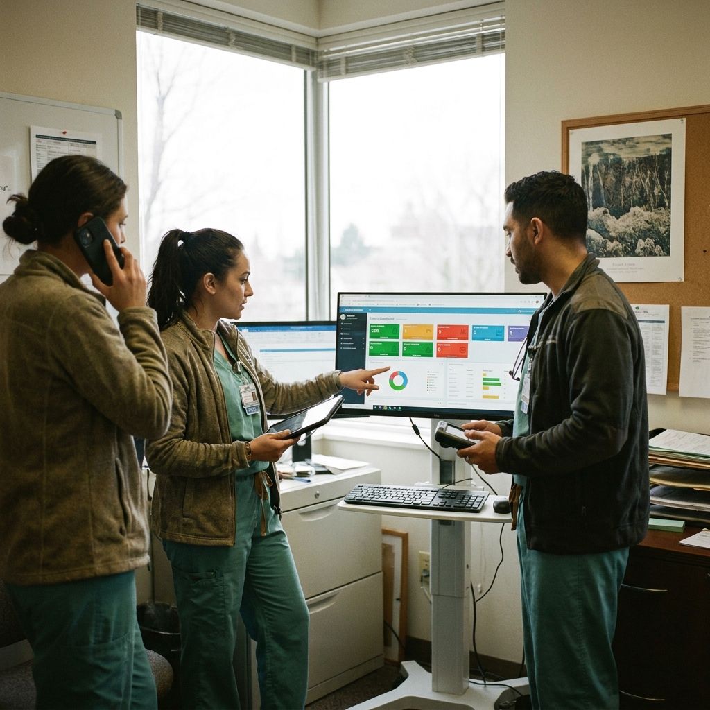 Capture a team of healthcare professionals utilizing cutting-edge technology and innovative strategies to streamline practice management and enhance patient care outcomes.