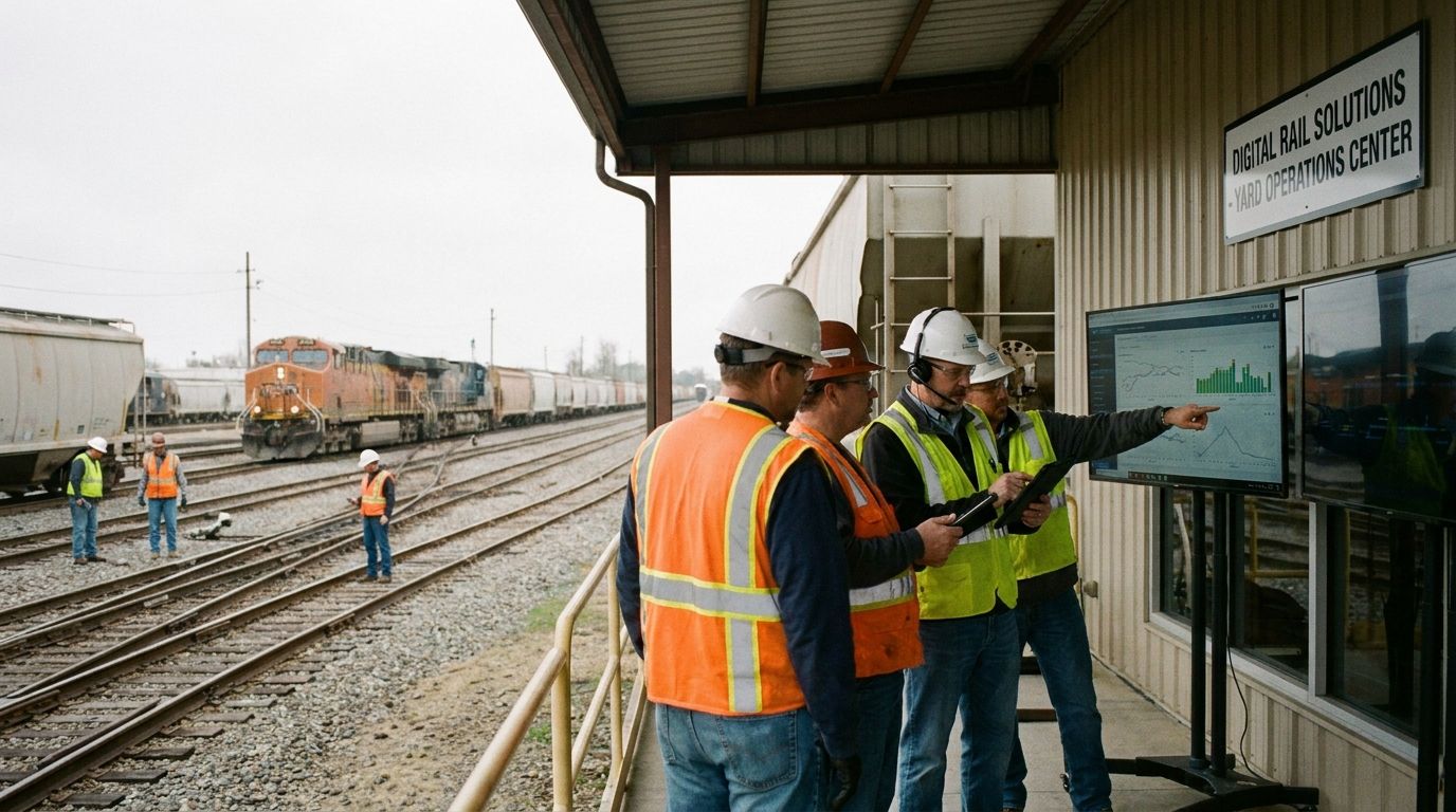 Connected rail technology, operational visibility, rail operations, rail maintenance, railcar maintenance, yard operations, rail inspections, workforce management, Hours of Service compliance, inventory management, logistics coordination, freight rai...