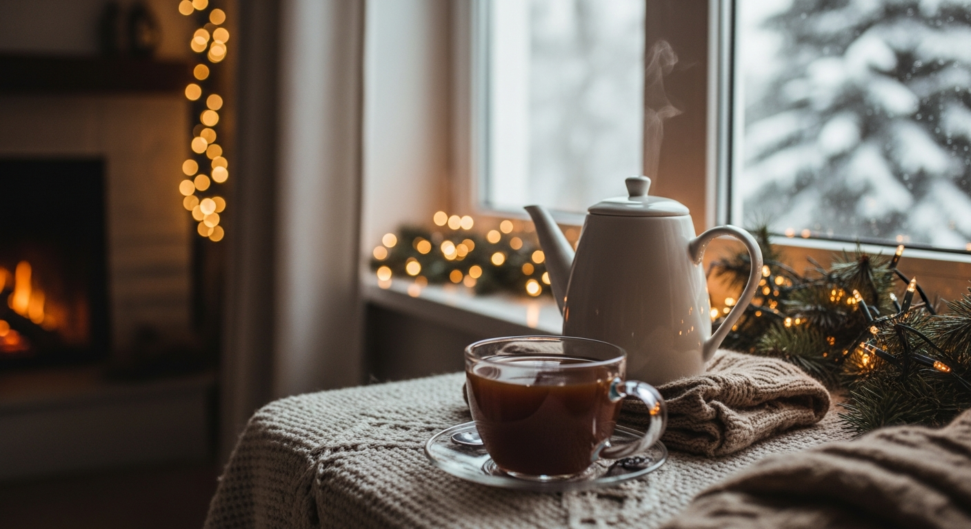 cozy, warm, tea, holiday lights, fireplace in background, snow on trees outside the window
