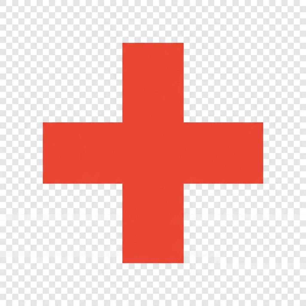 Create a simple icon of a medical plus sign in vermillion, placed on a square canvas. It should have a transparent background (png file). It should be vector based, not photo-realistic.