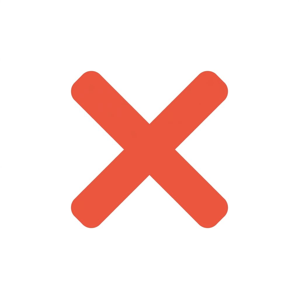 Create a simple X icon on square canvas, in vermillion colour. Must be a vector style illustration and not photo-real.