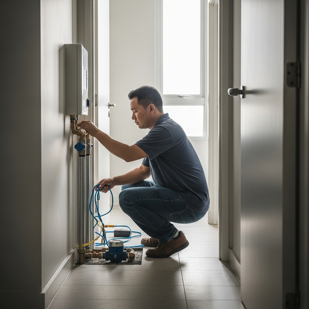 Generate a picture of someone installing a water submeter in a condo
